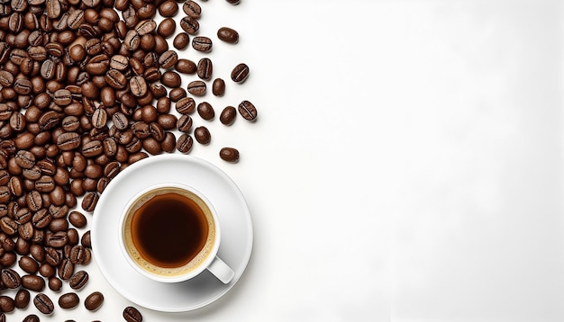 白い背景に分離されたコーヒー豆の上面とブラック コーヒーのカップ