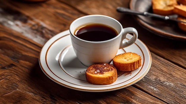 A cup of black coffee with fried bread slices on white round plate