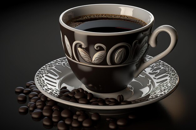 A cup of black coffee with scattered coffee beans is generated by AI