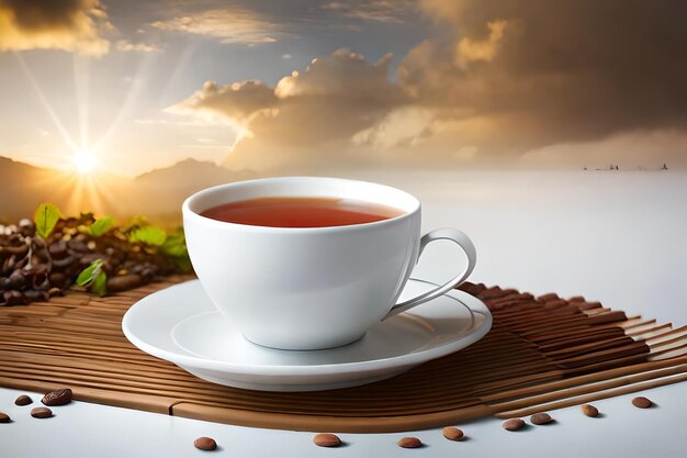 A cup of black tea in white cup next to white tea potrealistic