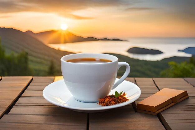 A cup of black tea in white cup next to white tea potrealistic