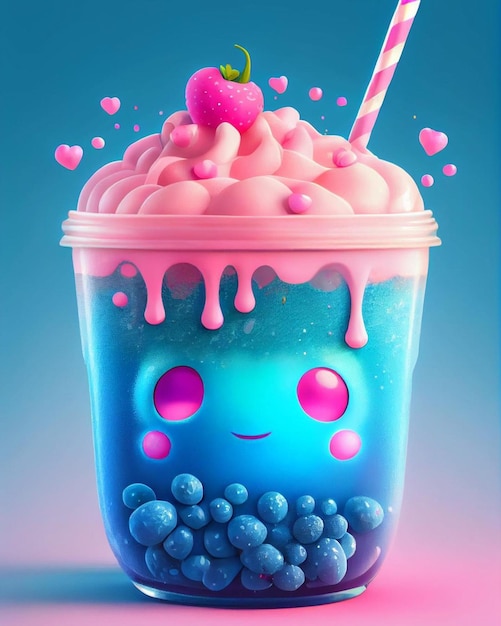 A cup of blueberry cupcake with a pink face and a pink heart on the top.