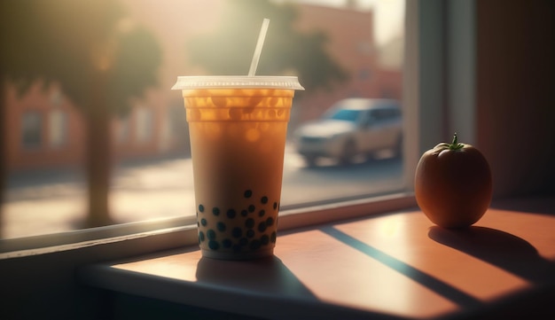 A cup of bubble tea sits on a table next to a window.