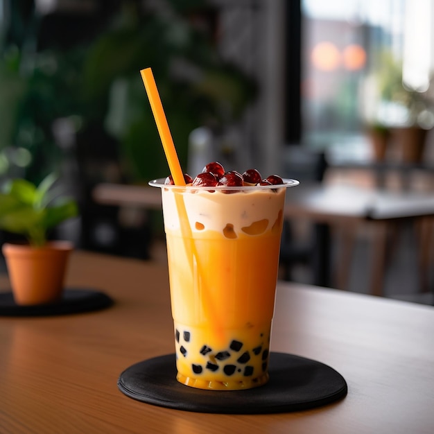 A cup of bubble tea with a straw and orange liquid.