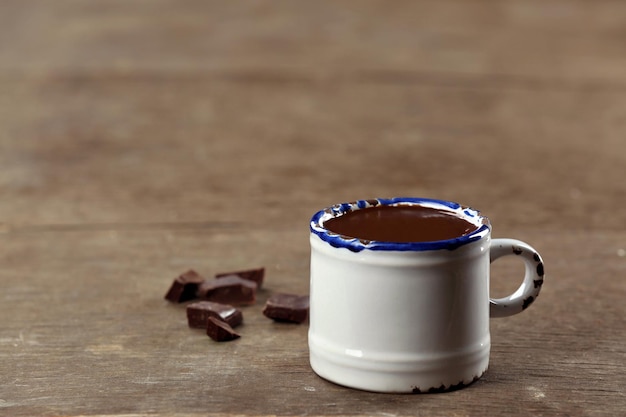 木製のテーブルにチョコレートとカカオのカップ