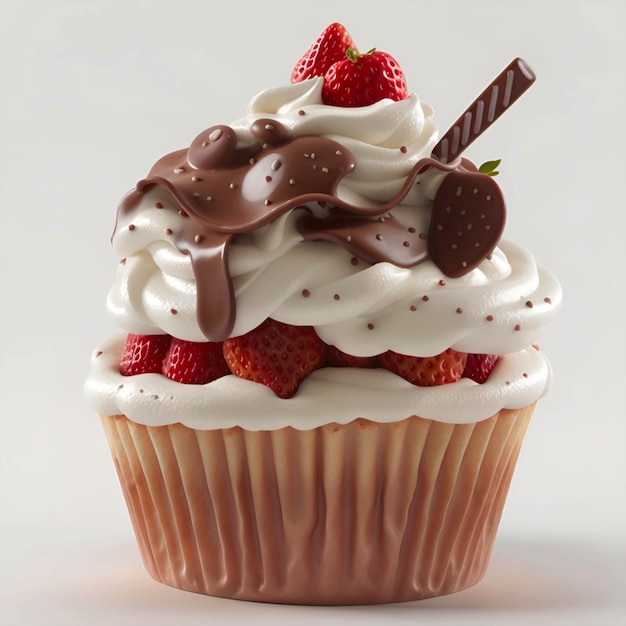Photo cup cake strawberry cream 3d realistic