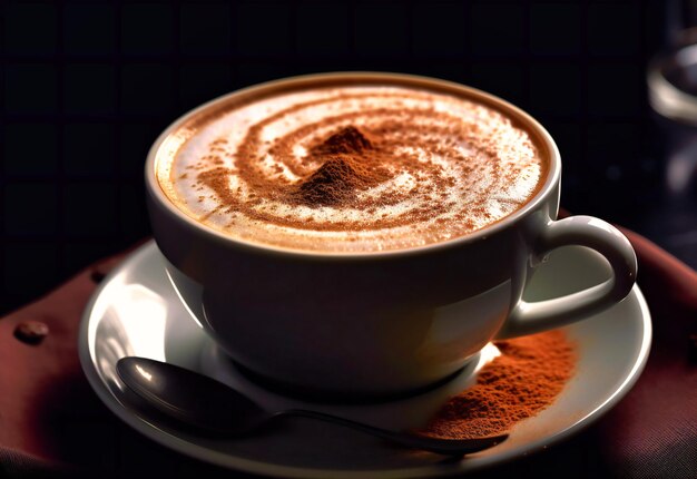 A cup of cappuccino on a black background