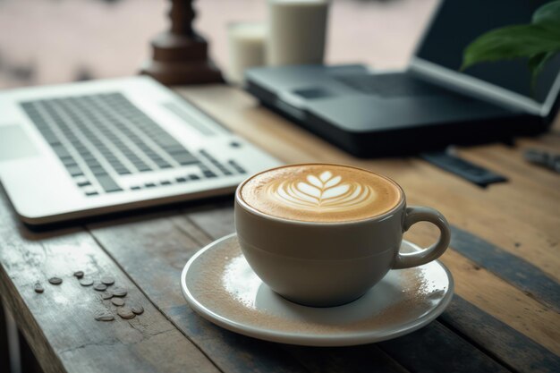 A cup of cappuccino coffee and dessert for breakfast on a wooden table with a laptop computer for work and accessories