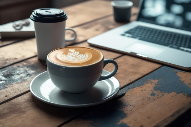 A cup of cappuccino coffee and dessert for breakfast on a wooden table with a laptop computer for work and accessories