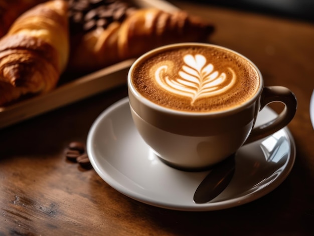 Cup of cappuccino coffee with croissants on wooden table