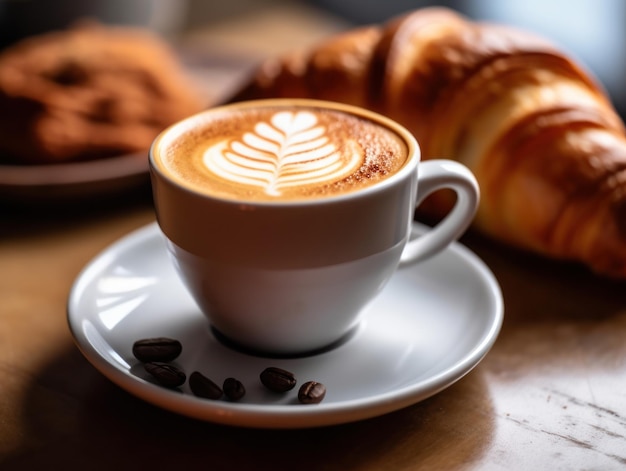 Cup of cappuccino coffee with croissants on wooden table