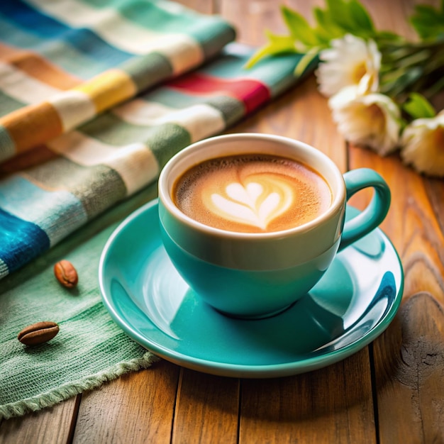 Cup of cappuccino coffee with latte art stands