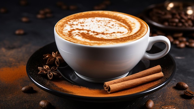 Tazza di cappuccino con schiuma di latte e cannella