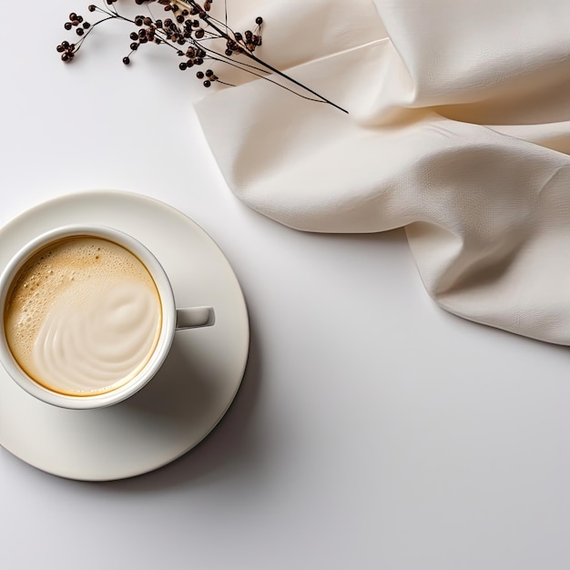 A cup of cappuccino coffee with a white minimalist background and empty space