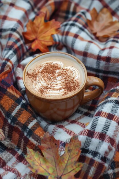 Photo a cup of cappuccino on a cozy plaid blanket perfect for coffee lovers