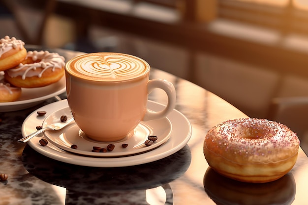 Photo cup of cappuccino and donuts