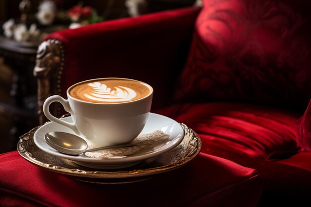 Photo a cup of cappuccino is on a saucer with a red sofa