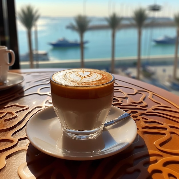 a cup of cappuccino sits on a table next to a window overlooking the ocean.