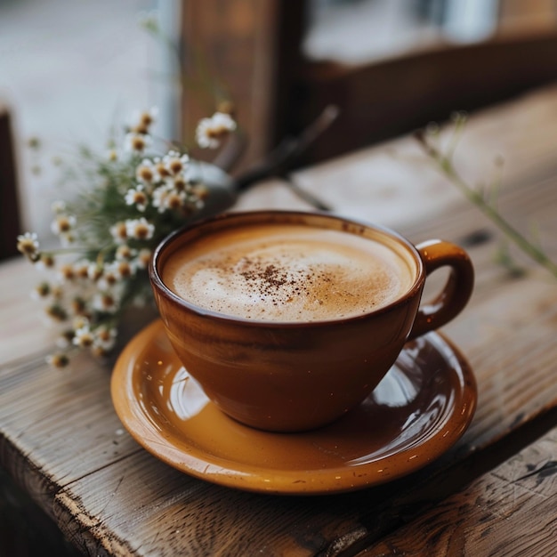 a cup of cappuccino sits on a table with flowers and a plant