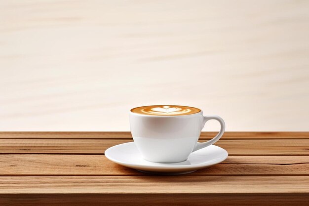 a cup of cappuccino sits on a wooden table