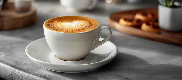 A cup of cappuccino stands on a smooth table surface Aesthetics