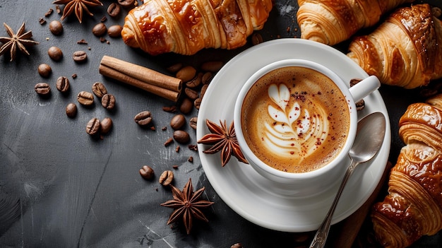 Photo cup of cappuccino with cinnamon and french pastries top view