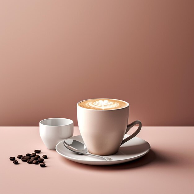 a cup of cappuccino with a cup of coffee on a table.