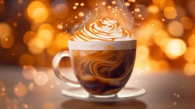 Cup of cappuccino with heart on bokeh background