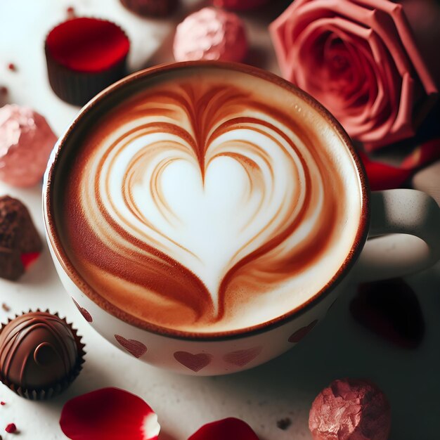 Photo cup of cappuccino with heart shape and chocolate candies