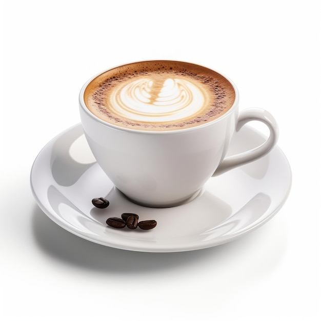 Photo cup of cappuccino with latte art on white background generative ai