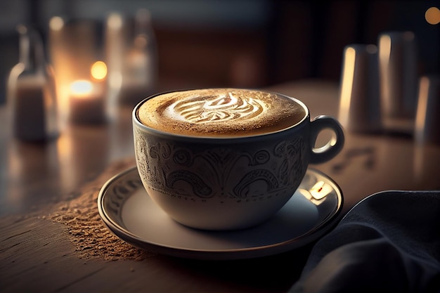 Cup of cappuccino with latte art on wooden tablegenerative ai