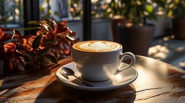 a cup of cappuccino with a leaf in the background