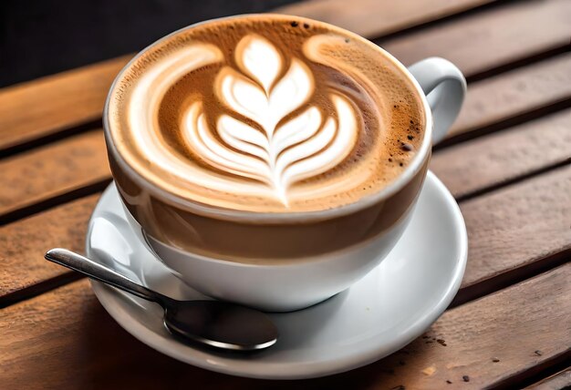 a cup of cappuccino with a leaf on the top