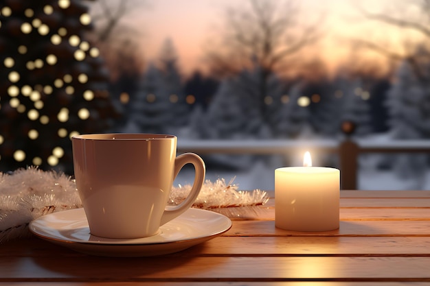 Cup of cappuccino with lights on background