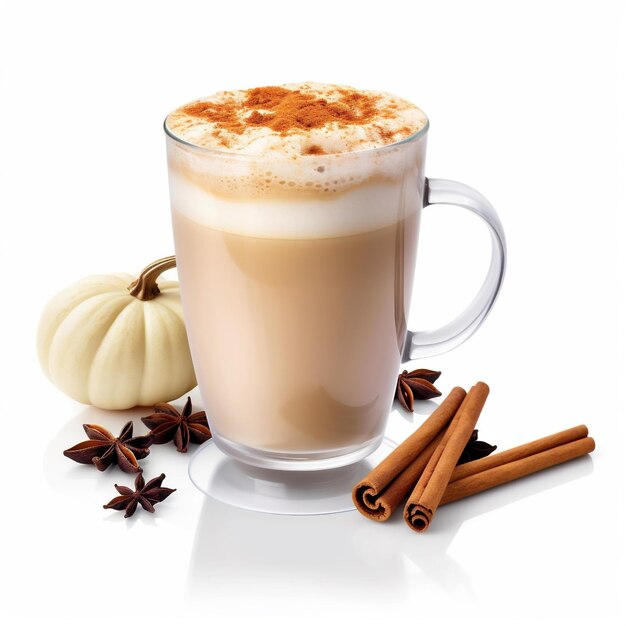 Photo cup of cappuccino with pumpkin spice and cinnamon isolated on white background ai generated