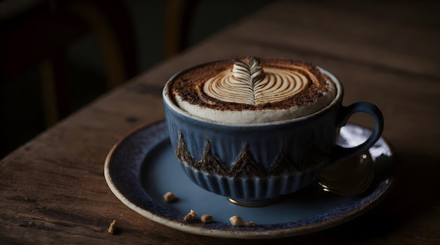 A cup of cappuccino with a spoon on a plate.