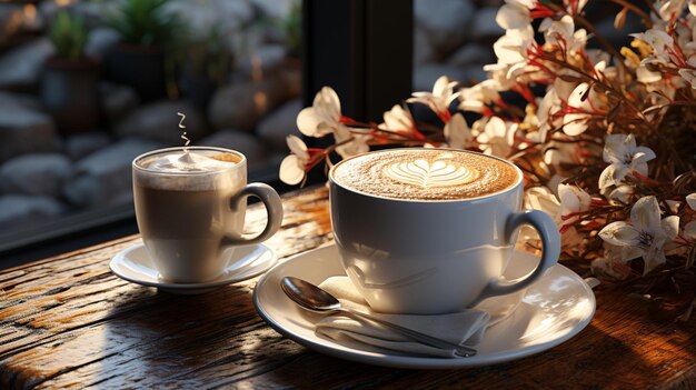 a cup of cappuccino with a spoon on a saucer