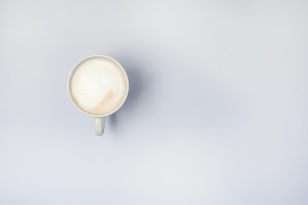 Cup of Cappuchino Top View Blue Background Tasty Coffee Copy Space