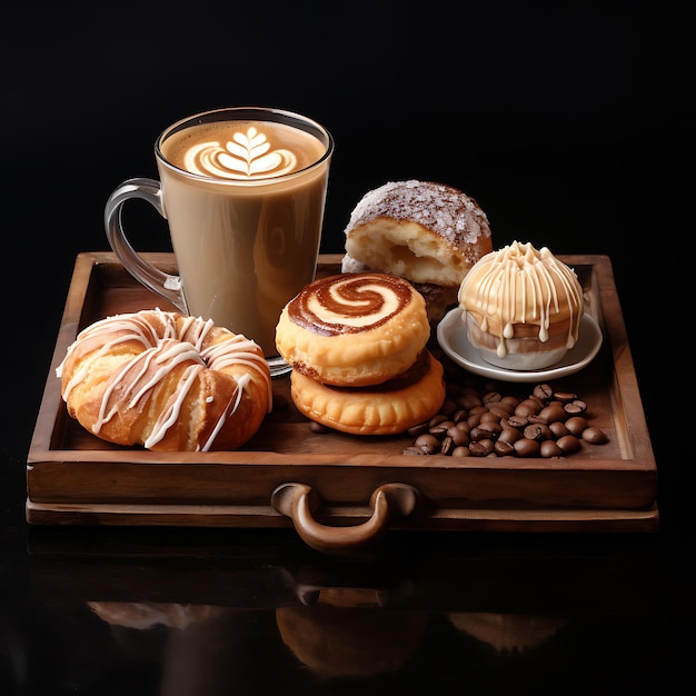 A cup of capucino with some sweet delicious pastries