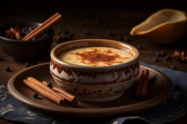 A cup of chai latte with cinnamon and coffee beans on a plate.