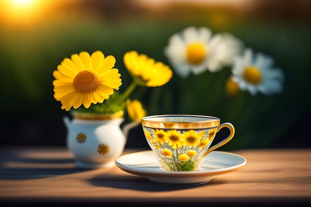 A cup of chamomile tea sits on a wooden table in front of a field of daisies.