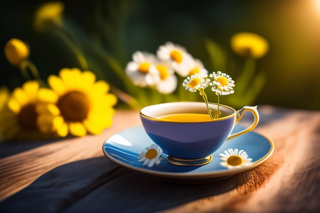 A cup of chamomile tea sits on a wooden table in front of a field of flowers.