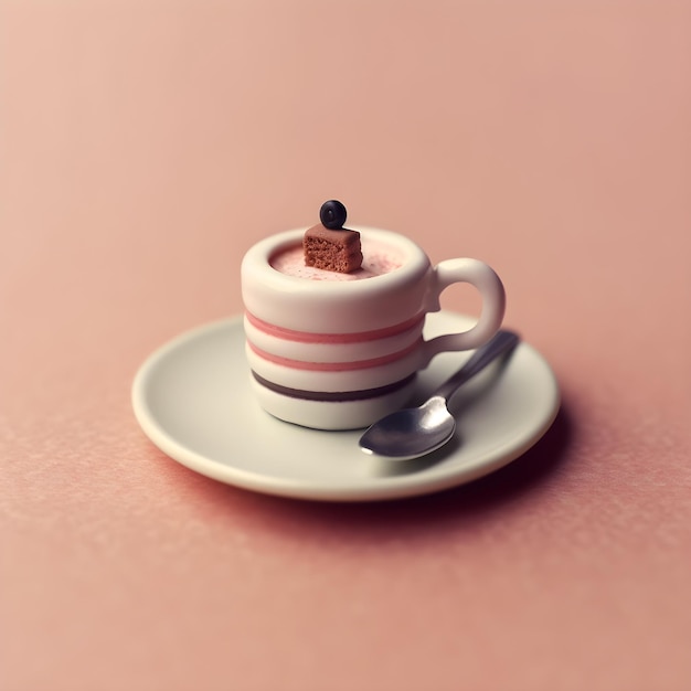 A cup of chocolate cake with a spoon on a saucer.