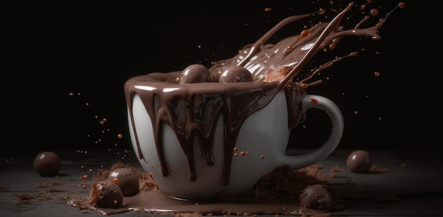 Чашка шоколада и шоколадное блюдце со словом шоколад на нем