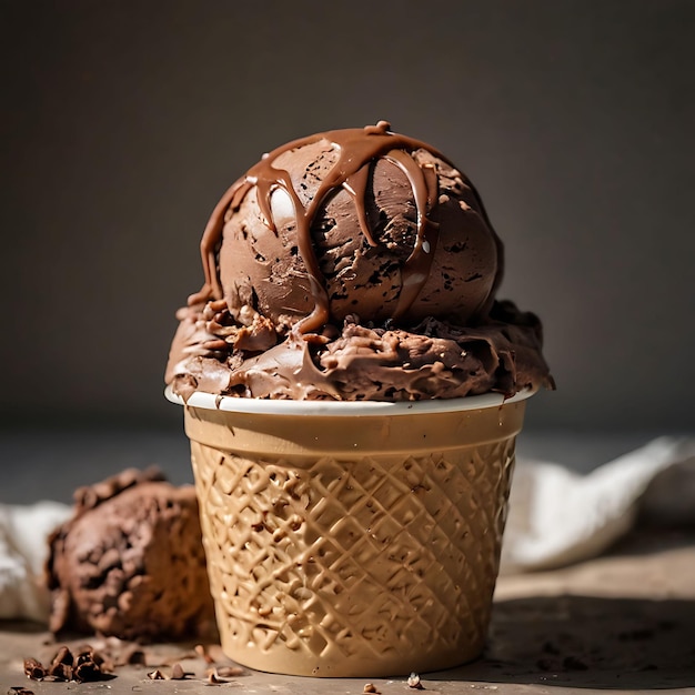 a cup of chocolate ice cream with a ship on top of it