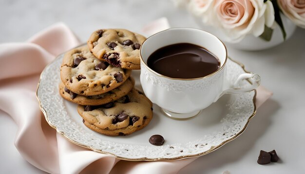 a cup of chocolate milk sits on a plate with cookies and a cup of chocolate