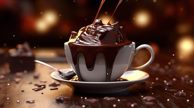 A cup of chocolate with chocolate sauce and chocolate sauces
