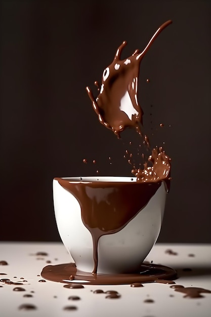 A cup of chocolate with a chocolate splash in it