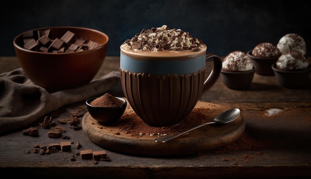 A cup of chocolate with chocolate on top and chocolate pieces on the side.
