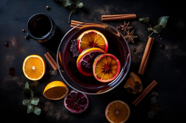 Cup of christmas mulled wine or gluhwein with spices and orange slices Generative AI